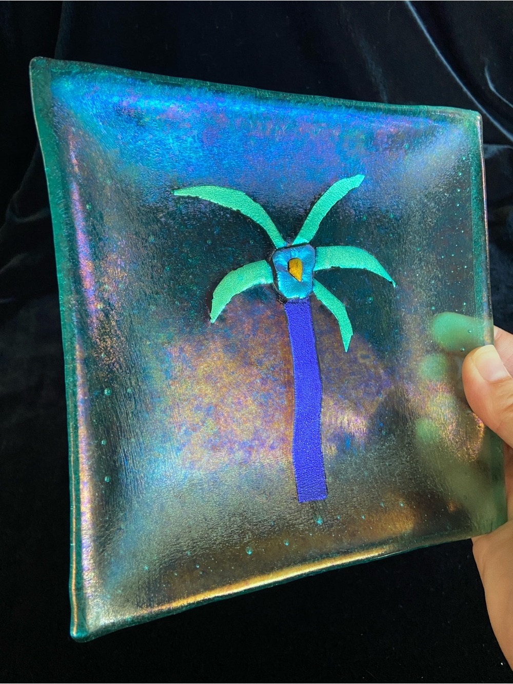 Fused Dichroic Glass Palm Tree Trinket Dish Square Plate Unsigned